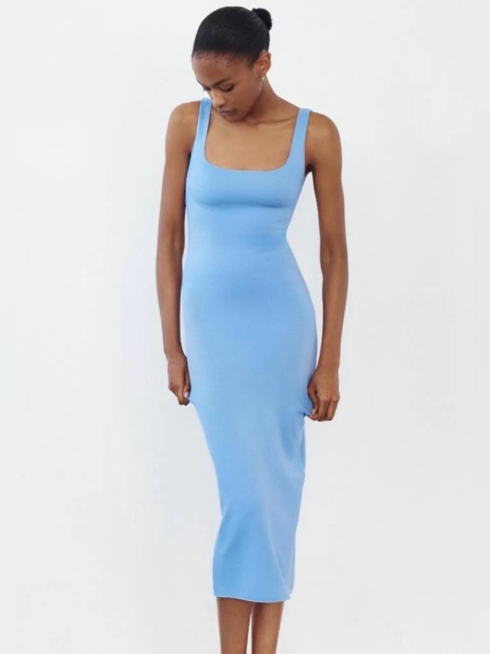 Zara Sky Blue Square-Neck Midi Dress